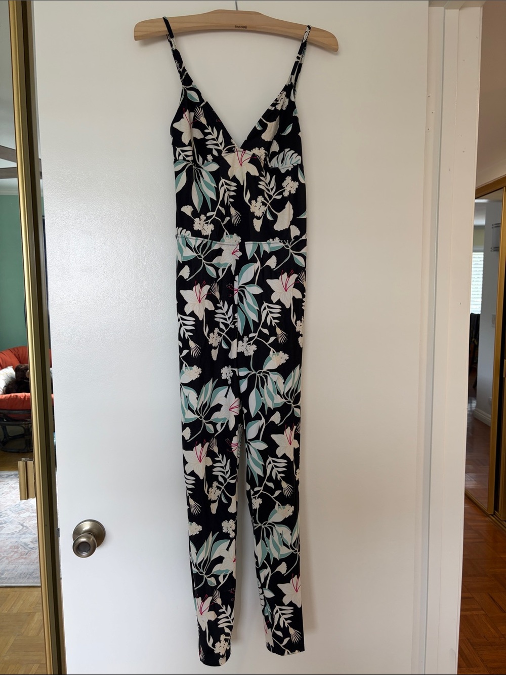 Roxy Black Floral V-Neck Jumpsuit with Mint and Pink Accents